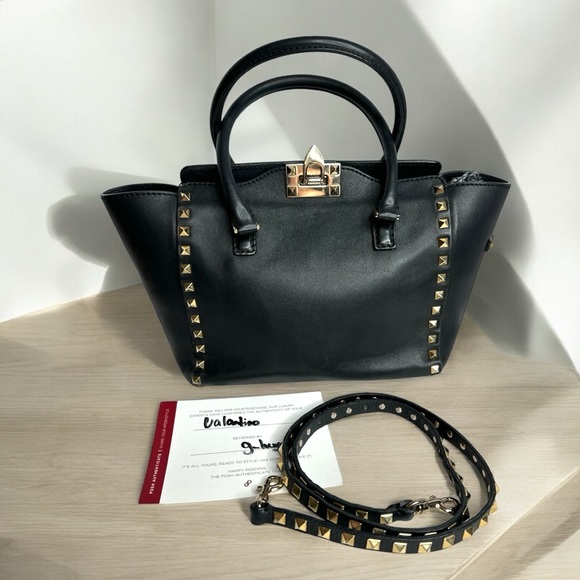 Valentino Garavani Handbags - VALENTINO GARAVANI Grained Calfskin Small Rockstud Tote Black ~Authentic